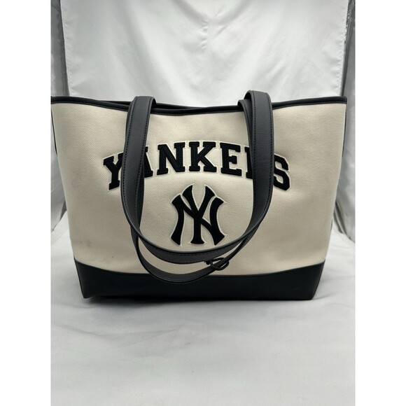 MLB Korea New York Yankees Canvas Tote Bag Big Logo Beige Black FLAWS READ - Picture 4 of 16